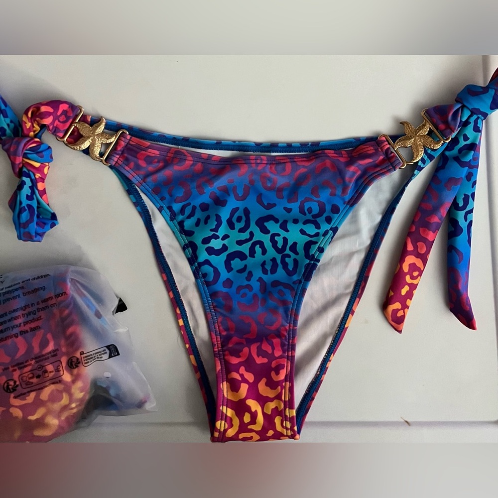 Blue Pink Leopard Halter Starfish Decor Side Tie Bikini Set - Picture 6 of 12